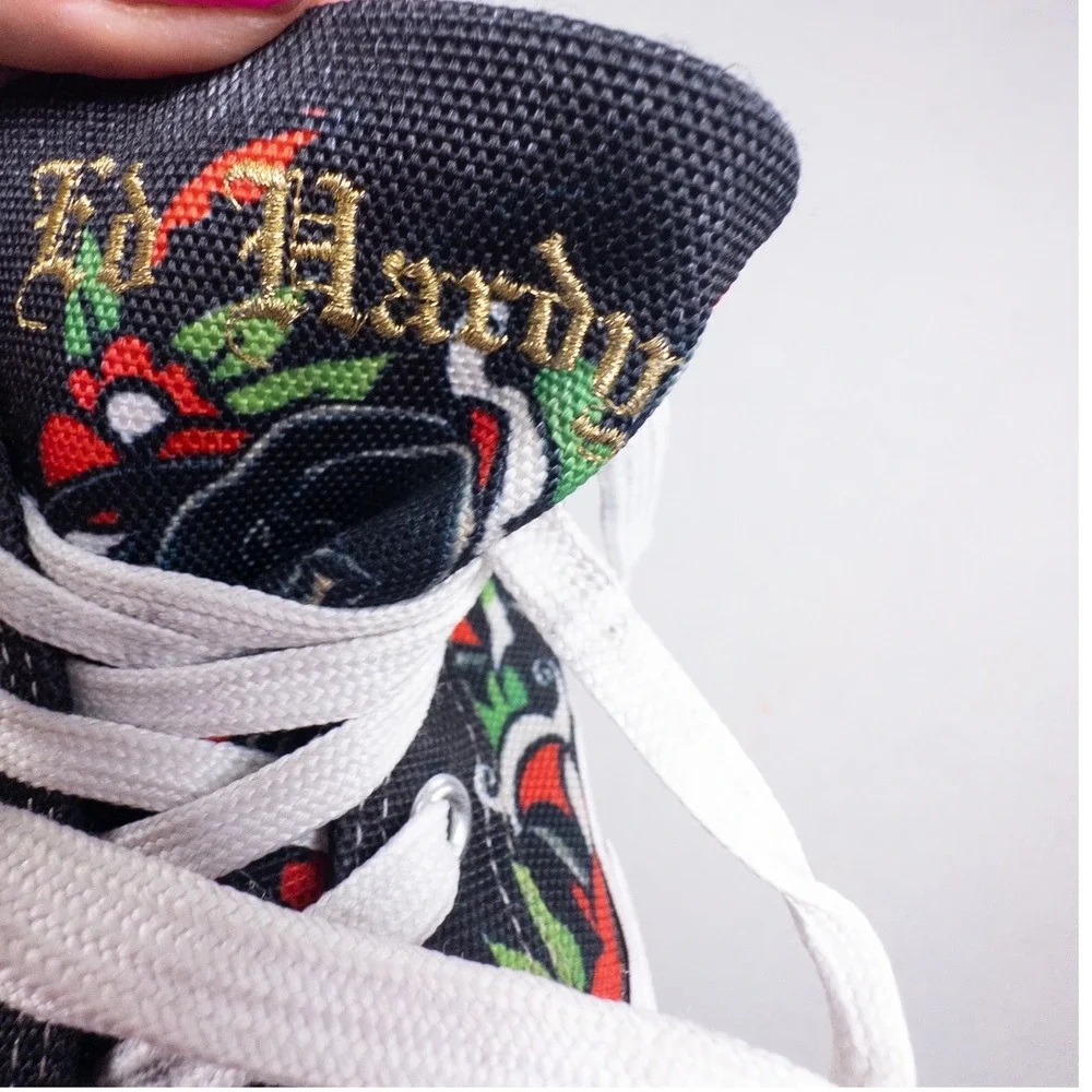 Y2K Ed Hardy Mens Tattoo Flash Graphic Print Canvas Low-Top Sneakers Black Sz 9